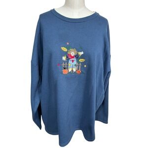 Vintage Endless Designs Blue Scarecrow Fall Pumpkin Patch Embroidered Sweatshirt